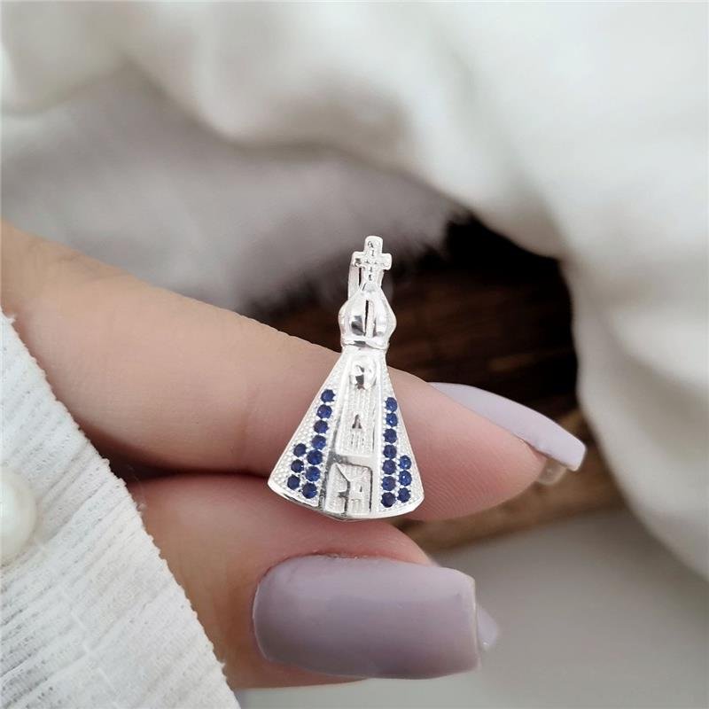 PINGENTE PRATA 925 NOSSA SENHORA APARECIDA AZUL