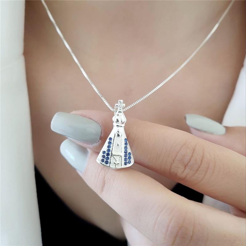 PINGENTE PRATA 925 NOSSA SENHORA APARECIDA AZUL