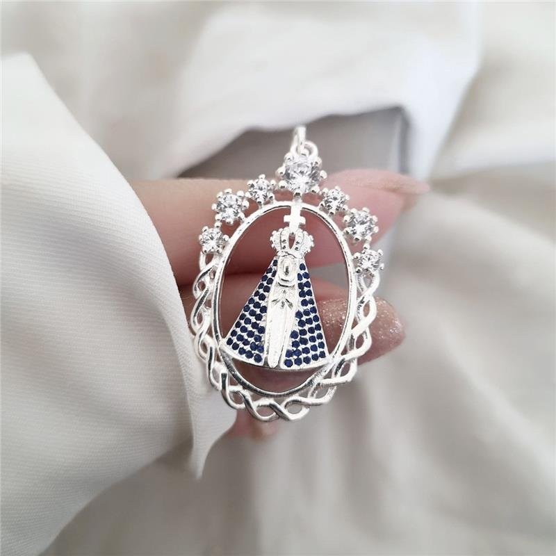 PINGENTE PRATA 925 NOSSA SENHORA APARECIDA OVAL CRAVEJADA