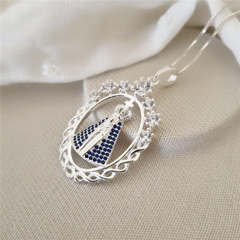 PINGENTE PRATA 925 NOSSA SENHORA APARECIDA OVAL CRAVEJADA
