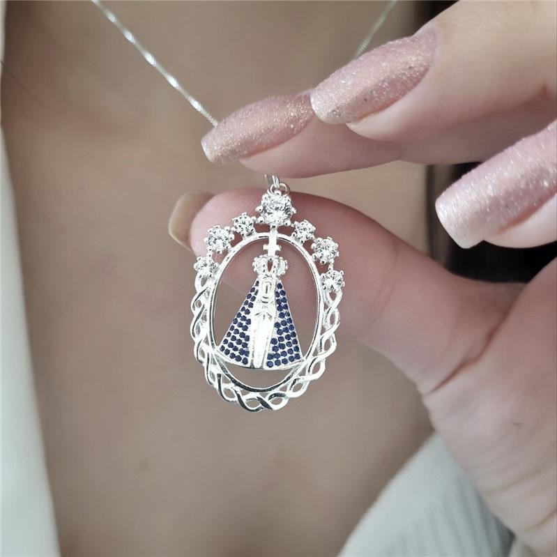 PINGENTE PRATA 925 NOSSA SENHORA APARECIDA OVAL CRAVEJADA
