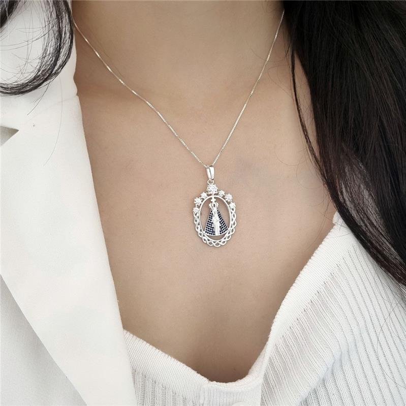 PINGENTE PRATA 925 NOSSA SENHORA APARECIDA OVAL CRAVEJADA