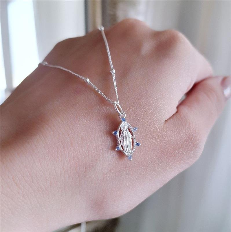 PINGENTE PRATA 925 NOSSA SENHORA DAS GRAÇAS COM ZIRCONIAS AZUIS