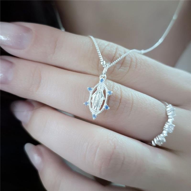 PINGENTE PRATA 925 NOSSA SENHORA DAS GRAÇAS COM ZIRCONIAS AZUIS