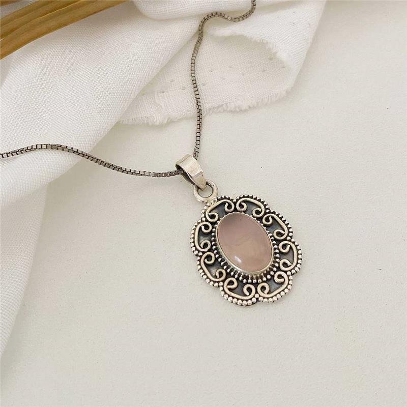 PINGENTE PRATA 925 OVAL FLOR QUARTZO ROSA