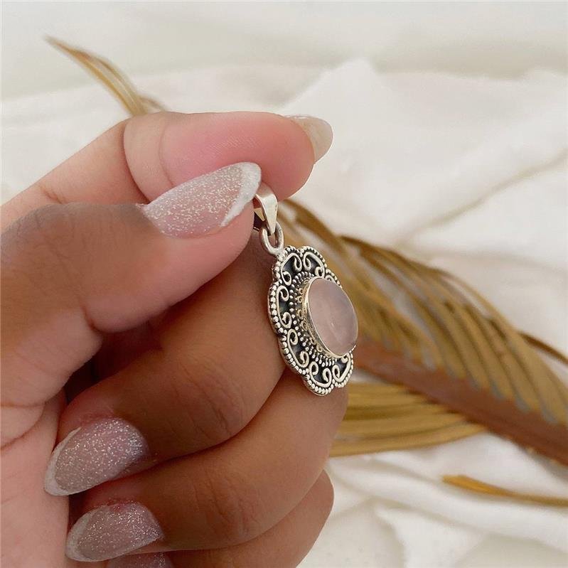 PINGENTE PRATA 925 OVAL FLOR QUARTZO ROSA