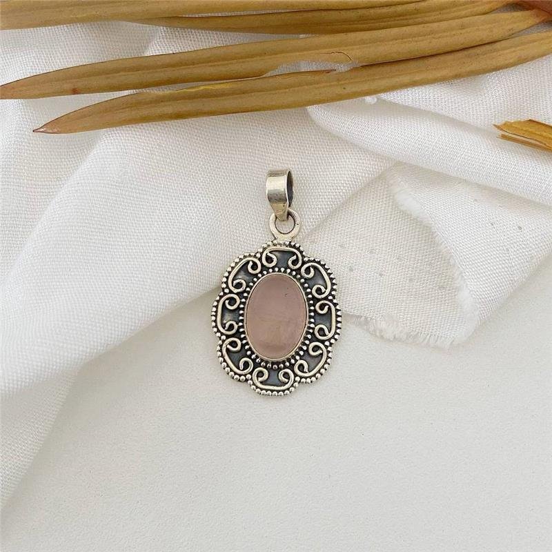 PINGENTE PRATA 925 OVAL FLOR QUARTZO ROSA