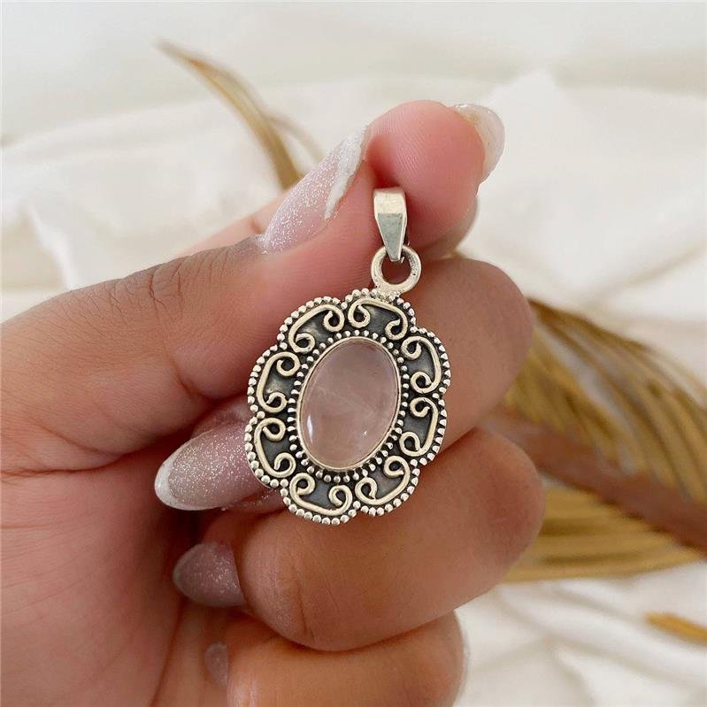 PINGENTE PRATA 925 OVAL FLOR QUARTZO ROSA