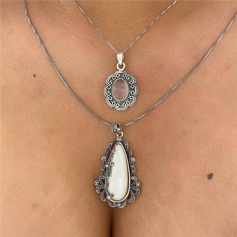 PINGENTE PRATA 925 OVAL FLOR QUARTZO ROSA