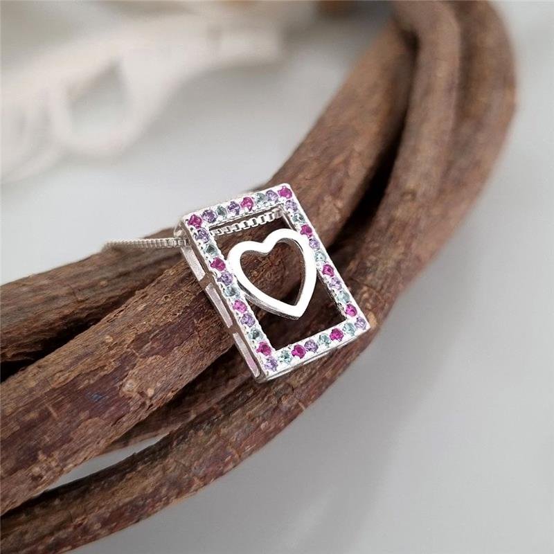 PINGENTE PRATA 925 RETÂNGULO CORAÇÃO COLORIDO