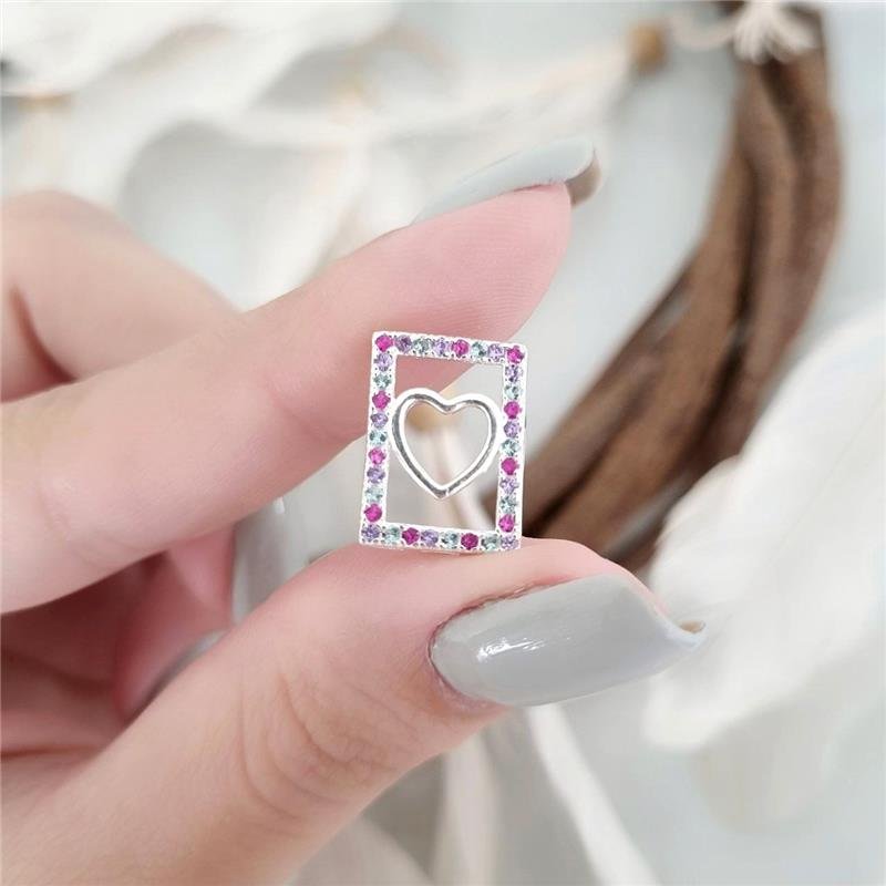 PINGENTE PRATA 925 RETÂNGULO CORAÇÃO COLORIDO