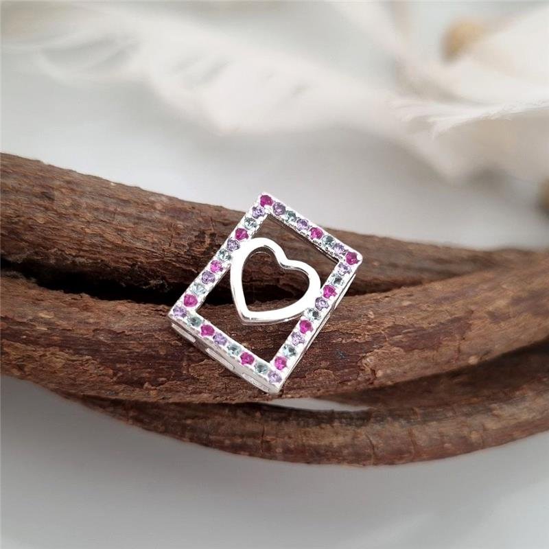 PINGENTE PRATA 925 RETÂNGULO CORAÇÃO COLORIDO