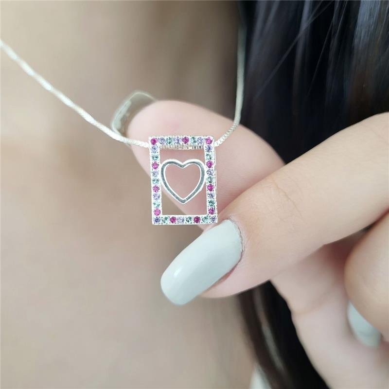 PINGENTE PRATA 925 RETÂNGULO CORAÇÃO COLORIDO