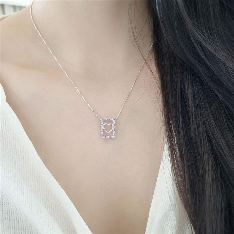 PINGENTE PRATA 925 RETÂNGULO CORAÇÃO COLORIDO