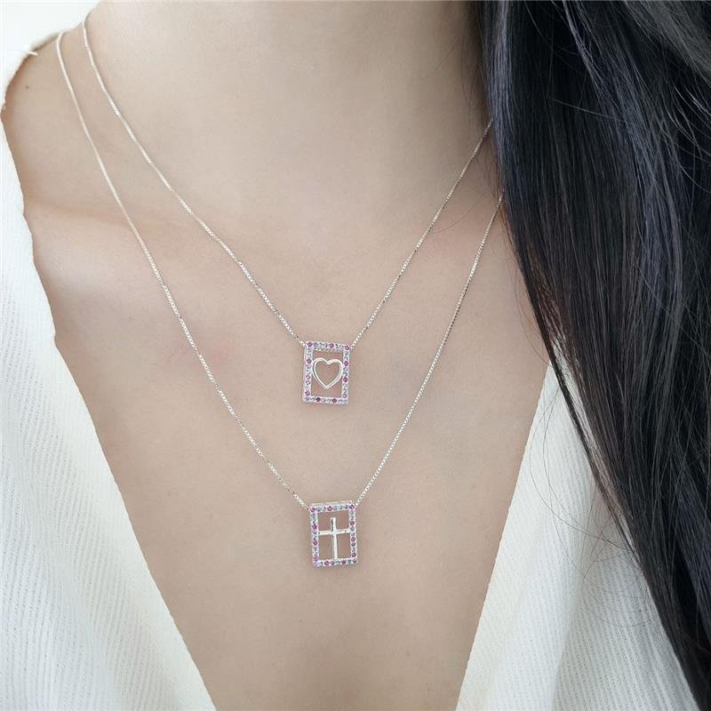 PINGENTE PRATA 925 RETÂNGULO CORAÇÃO COLORIDO