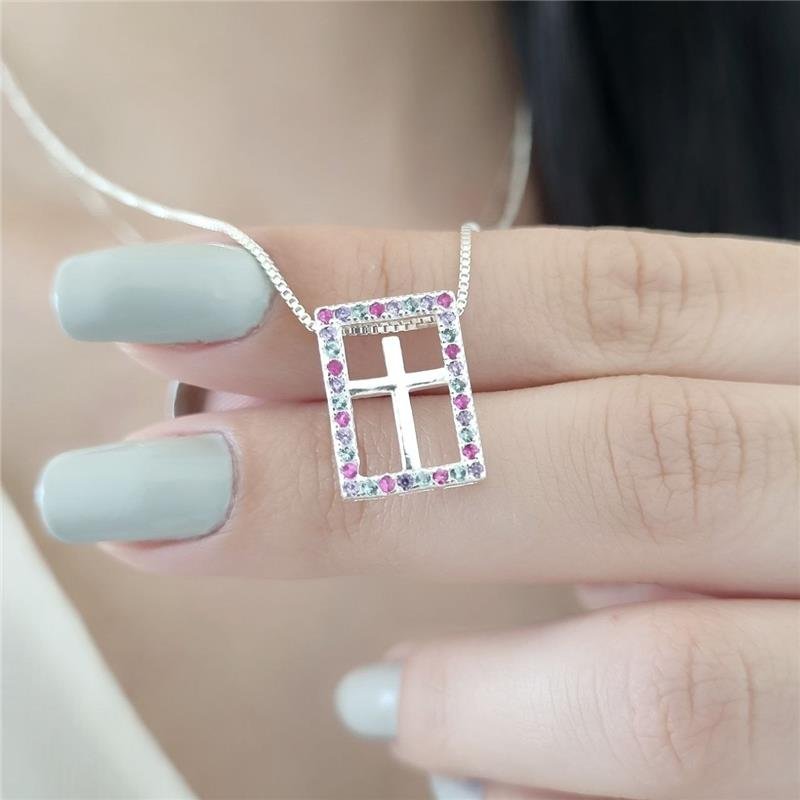 PINGENTE PRATA 925 RETÂNGULO CRUZ COLORIDO