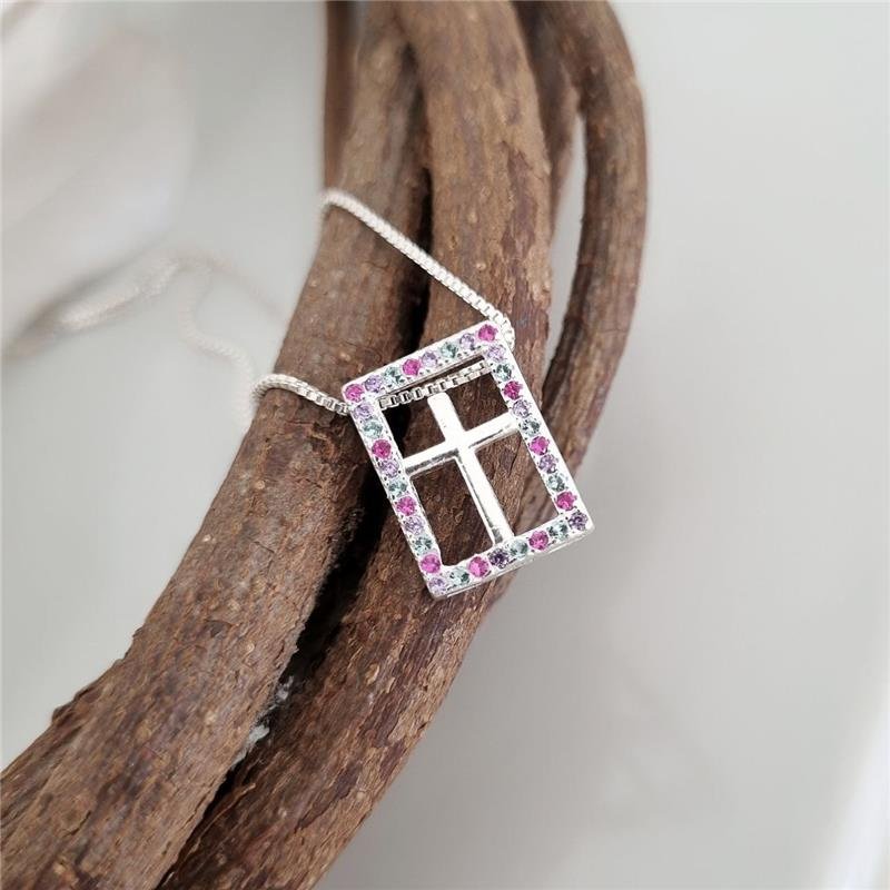 PINGENTE PRATA 925 RETÂNGULO CRUZ COLORIDO