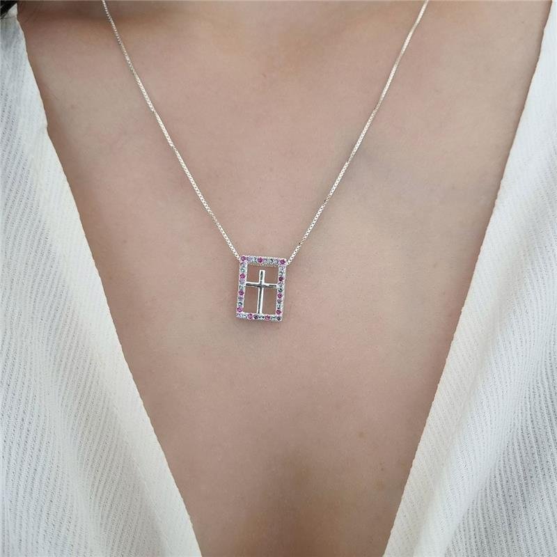 PINGENTE PRATA 925 RETÂNGULO CRUZ COLORIDO