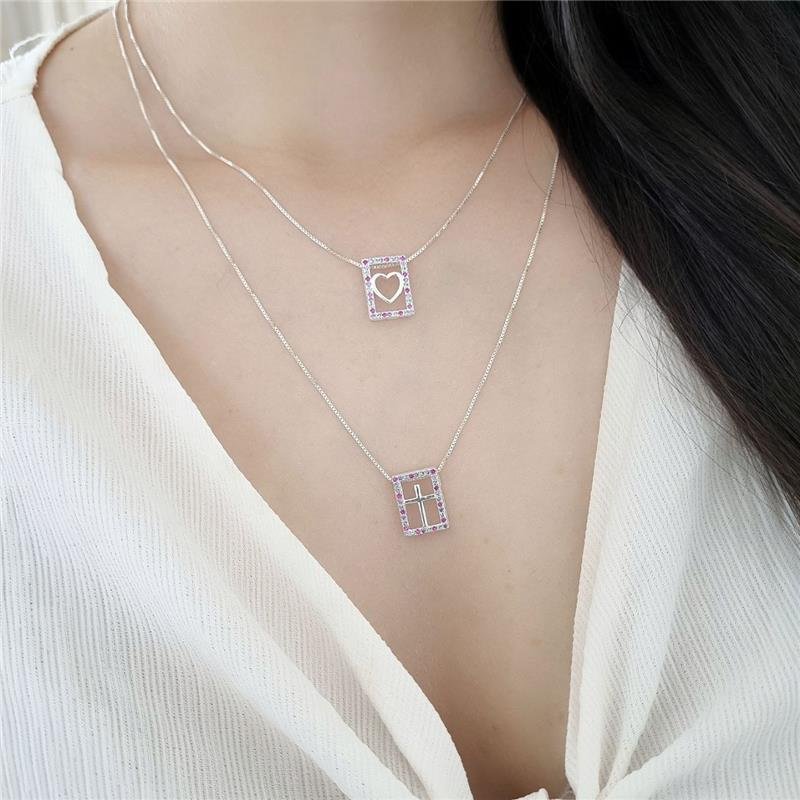 PINGENTE PRATA 925 RETÂNGULO CRUZ COLORIDO