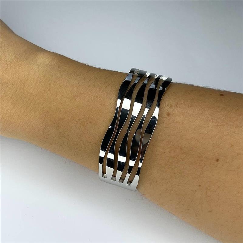 PULSEIRA AÇO INOX BRACELETE CINCO LINHAS ONDULADAS 