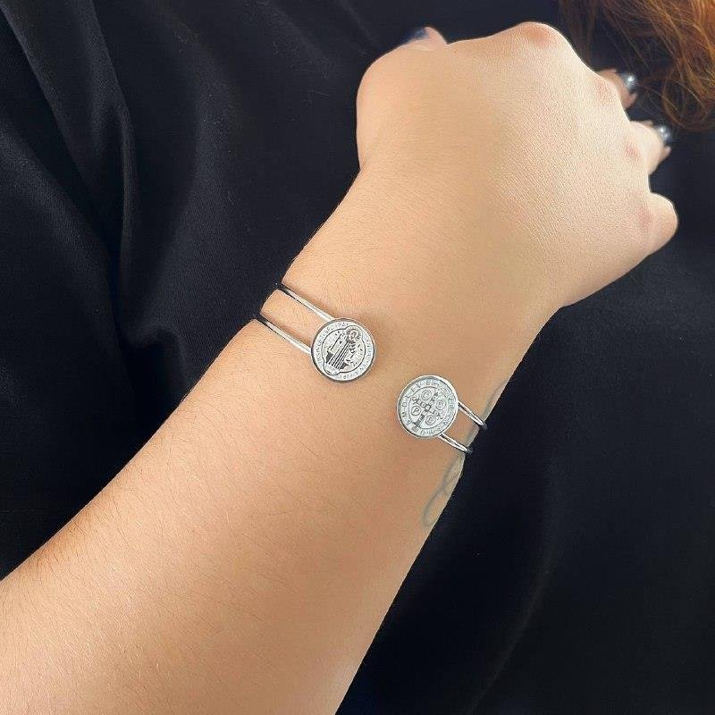 PULSEIRA AÇO INOX BRACELETE MEDALHA SÃO BENTO
