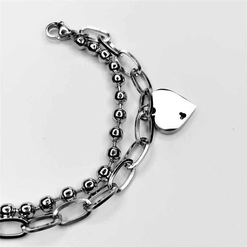 PULSEIRA AÇO INOX DUPLA BOLINHAS E ELOS PINGENTE CORAÇÃO
