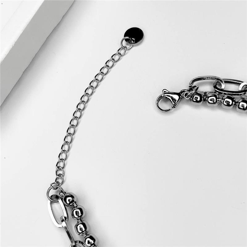PULSEIRA AÇO INOX DUPLA BOLINHAS E ELOS PINGENTE CORAÇÃO