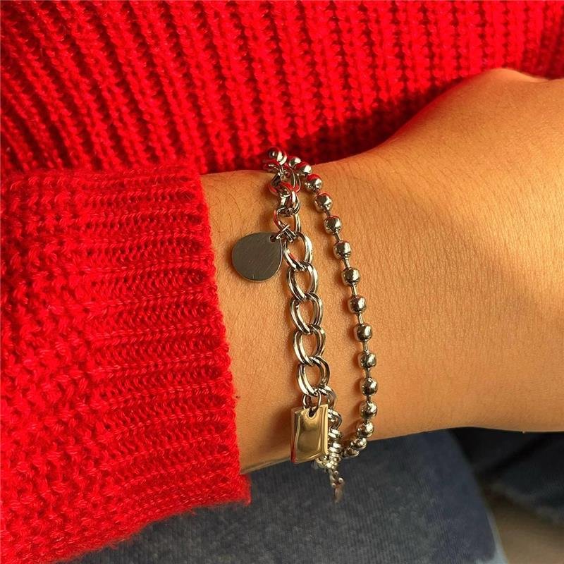 PULSEIRA AÇO INOX DUPLA BOLINHAS E ELOS PLACAS PERSONALIZÁVEIS