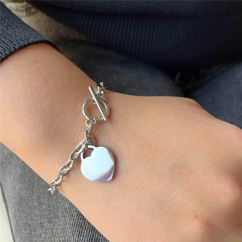 PULSEIRA AÇO INOX ELOS FECHO ENCAIXE CORAÇÃO