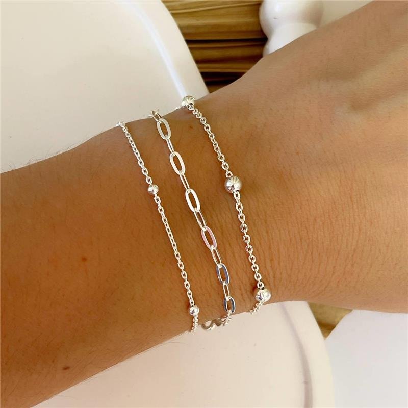 PULSEIRA PRATA 925 5 BOLINHAS LISAS INTERCALADAS CORRENTE