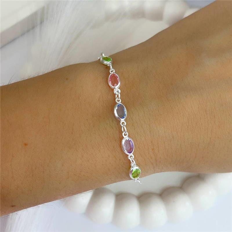PULSEIRA PRATA 925 5 PONTO LUZ OVAL CORES