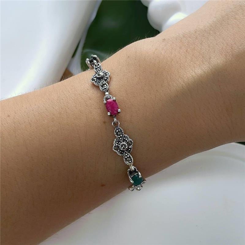 PULSEIRA PRATA 925 BALI GOMOS PEDRA NATURAIS E MARCASSITA