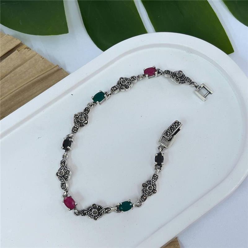 PULSEIRA PRATA 925 BALI GOMOS PEDRA NATURAIS E MARCASSITA
