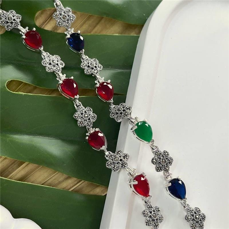 PULSEIRA PRATA 925 BALI GOMOS PEDRA NATURAIS E MARCASSITA