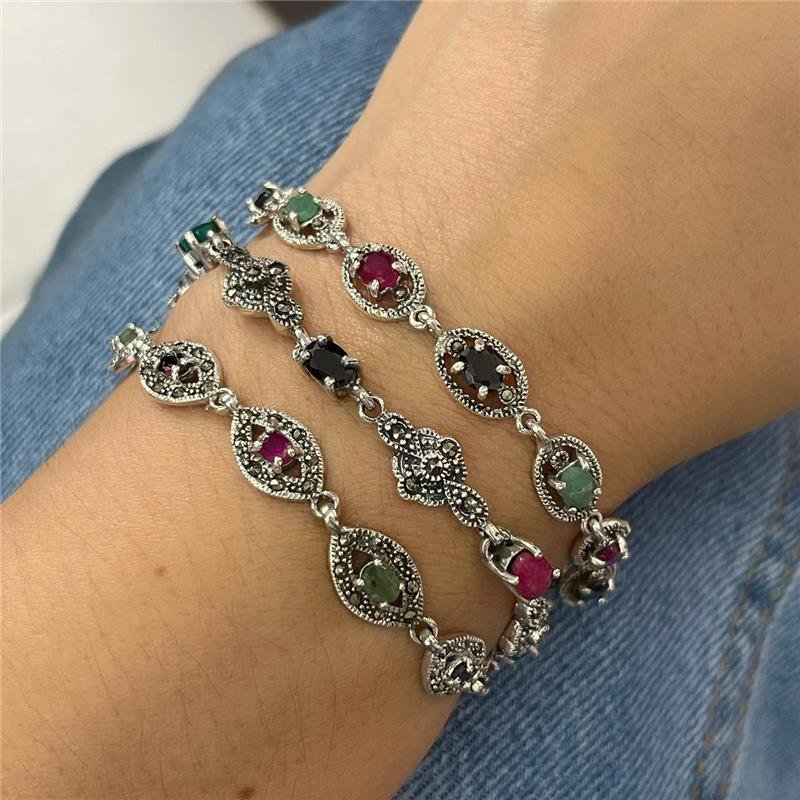 PULSEIRA PRATA 925 BALI GOMOS PEDRA NATURAIS E MARCASSITA