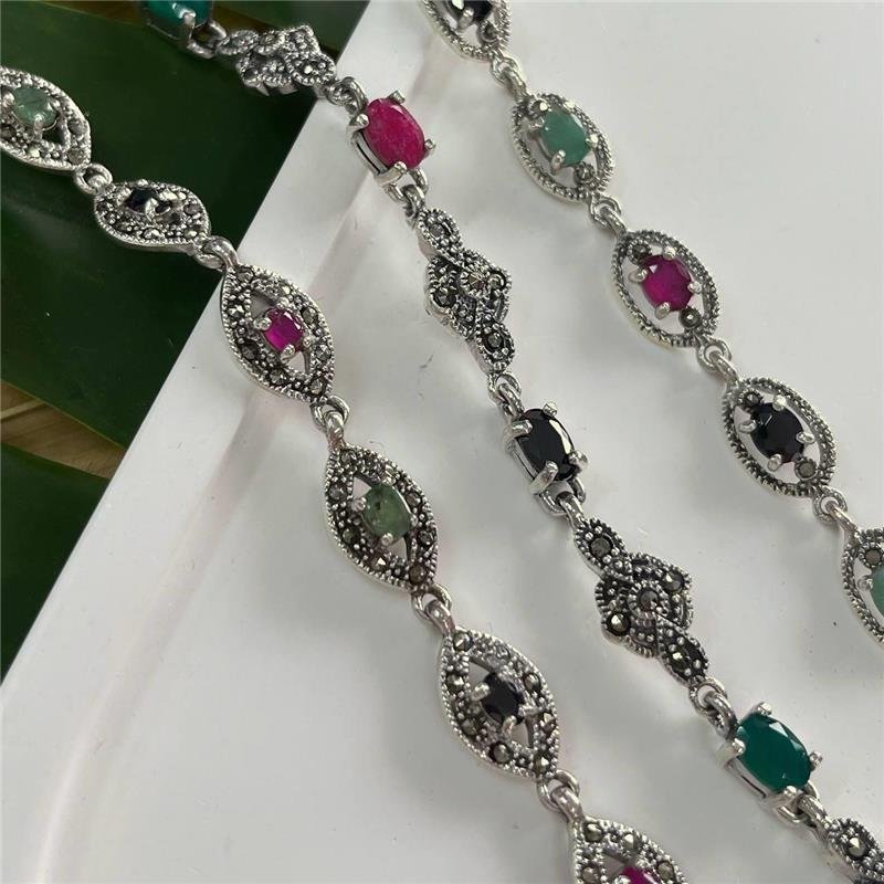 PULSEIRA PRATA 925 BALI GOMOS PEDRA NATURAIS E MARCASSITA
