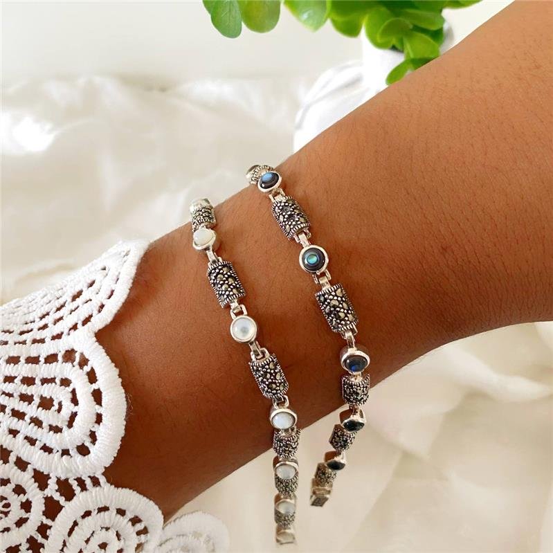 PULSEIRA PRATA 925 CÍRCULO RETÂNGULO COM PEDRA NATURAL 