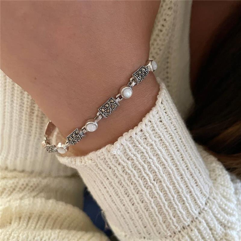 PULSEIRA PRATA 925 CÍRCULO RETÂNGULO COM PEDRA NATURAL 