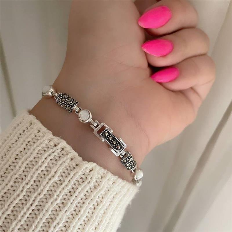 PULSEIRA PRATA 925 CÍRCULO RETÂNGULO COM PEDRA NATURAL 