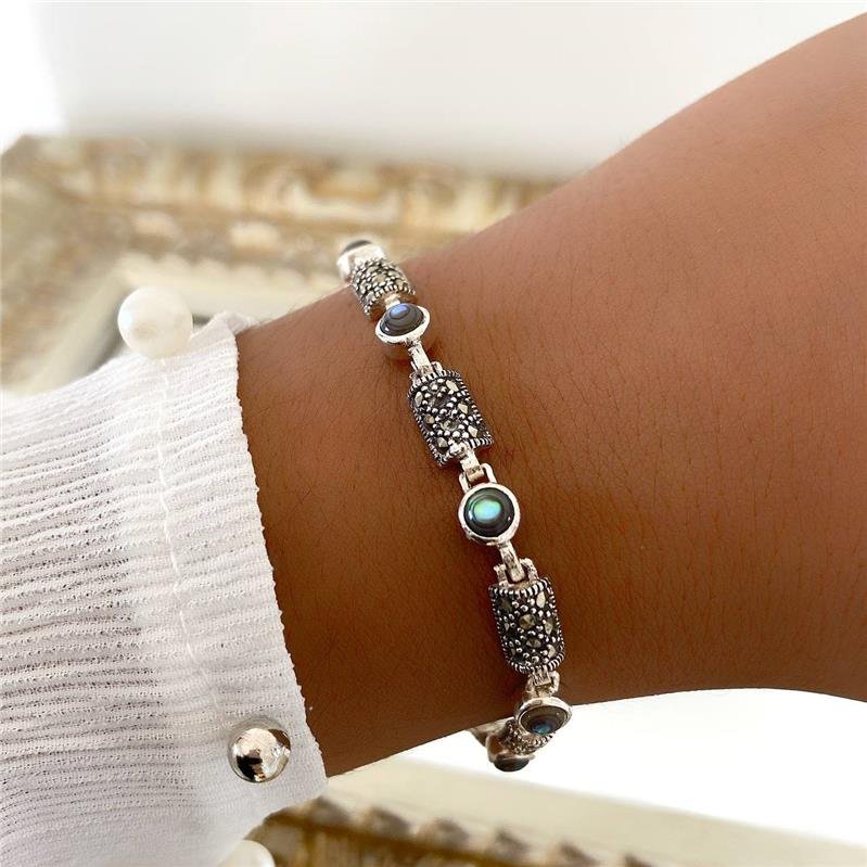 PULSEIRA PRATA 925 CÍRCULO RETÂNGULO COM PEDRA NATURAL 