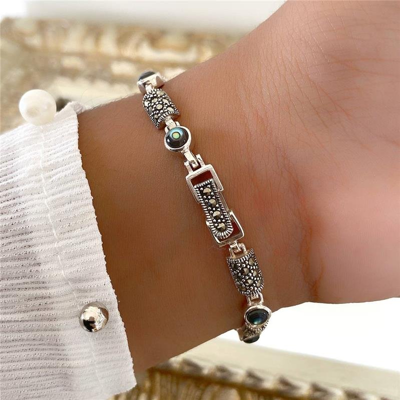 PULSEIRA PRATA 925 CÍRCULO RETÂNGULO COM PEDRA NATURAL 