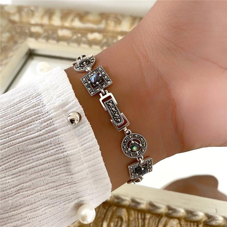 PULSEIRA PRATA 925 CIRCULOS E QUADRADOS COM PEDRA NATURAL