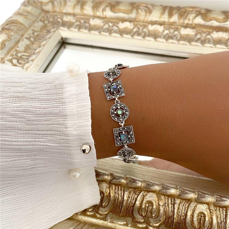 PULSEIRA PRATA 925 CIRCULOS E QUADRADOS COM PEDRA NATURAL