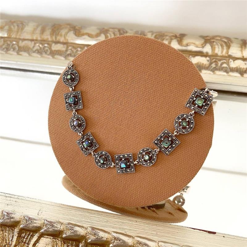 PULSEIRA PRATA 925 CIRCULOS E QUADRADOS COM PEDRA NATURAL