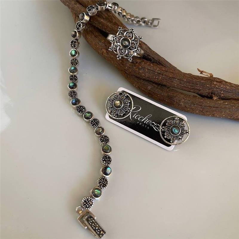 PULSEIRA PRATA 925 CIRCULOS PEDRA NATURAL LUXO