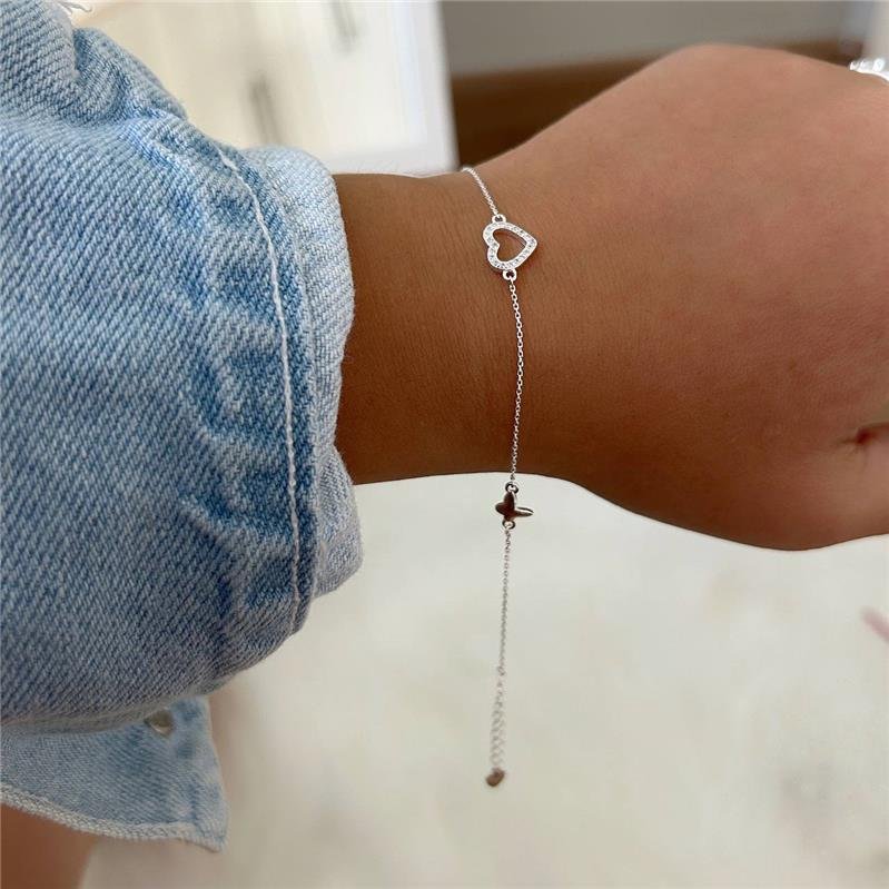 PULSEIRA PRATA 925 CORAÇÃO CRAVEJADO COM BORBOLETA