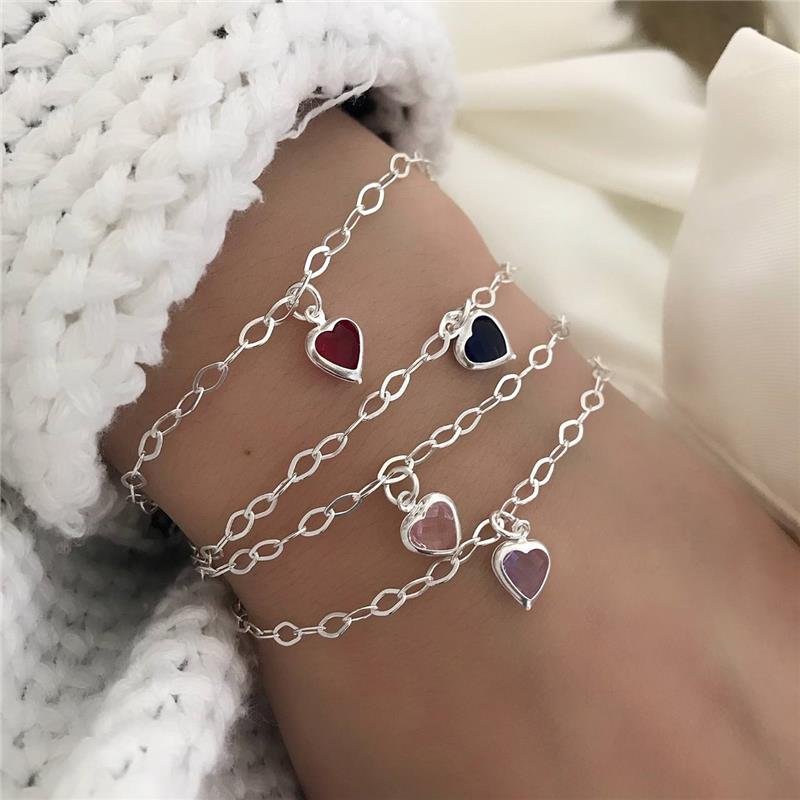 PULSEIRA PRATA 925 CORAÇÃO PEDRA COLORIDA