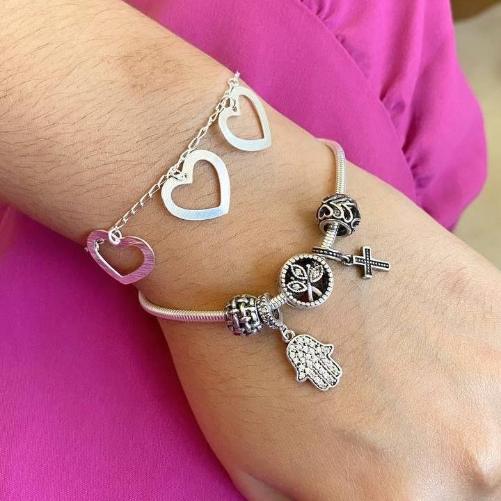 PULSEIRA PRATA 925 CORAÇÕES GRANDES VAZADOS