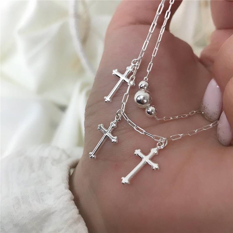 PULSEIRA PRATA 925 DUPLA CRUZES BOLINHAS