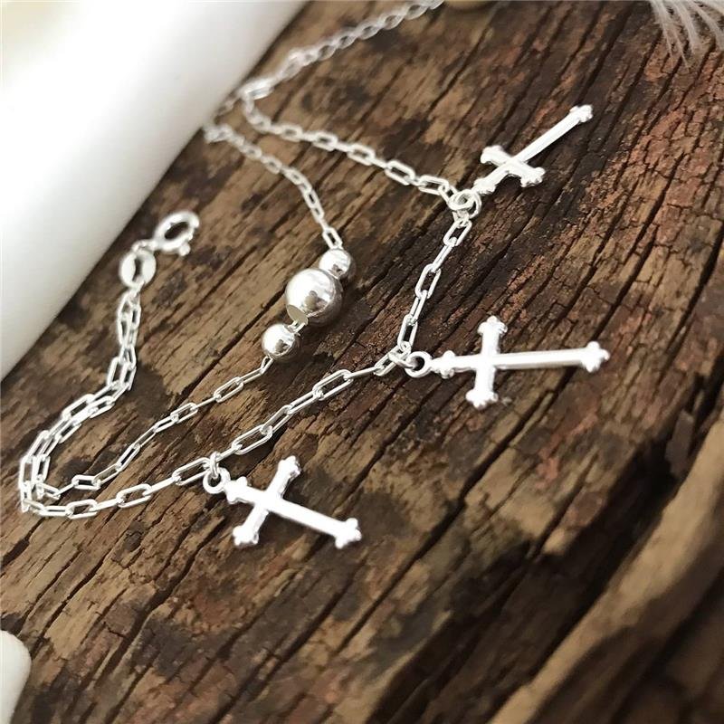 PULSEIRA PRATA 925 DUPLA CRUZES BOLINHAS